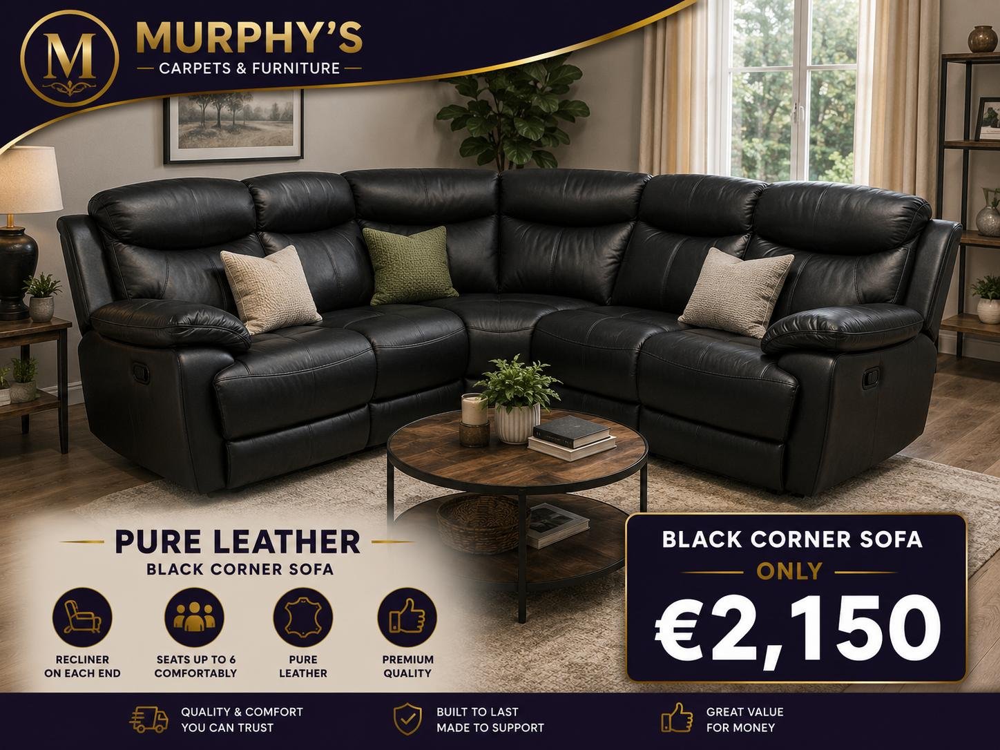 Pure Leather Black Corner Sofa